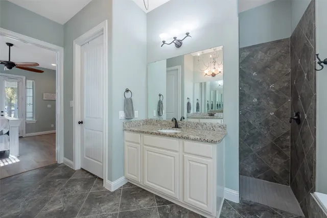 a bathroom with a granite countertop sink a mirror and a shower