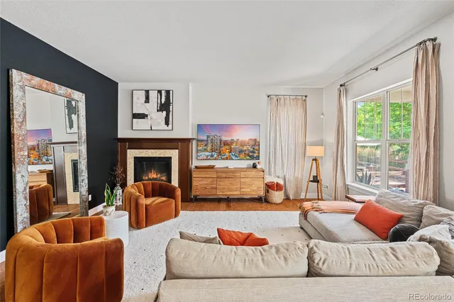 a living room with furniture window and a fireplace