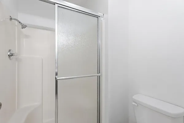 a bathroom with a shower and a toilet