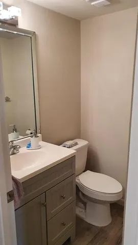 a bathroom with a sink a toilet and mirror