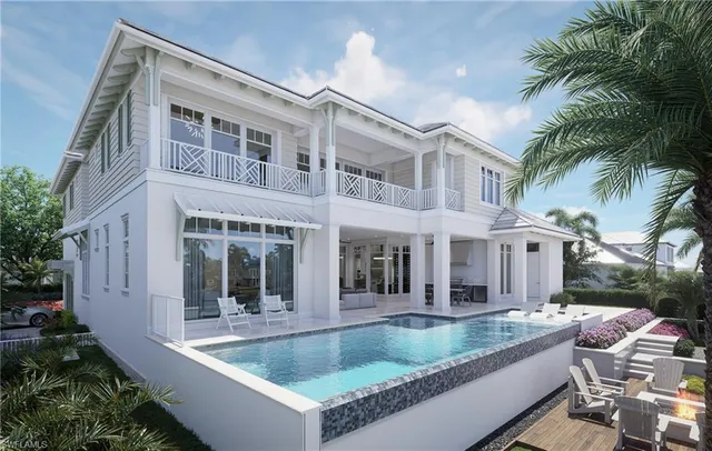 a view of house with swimming pool and porch