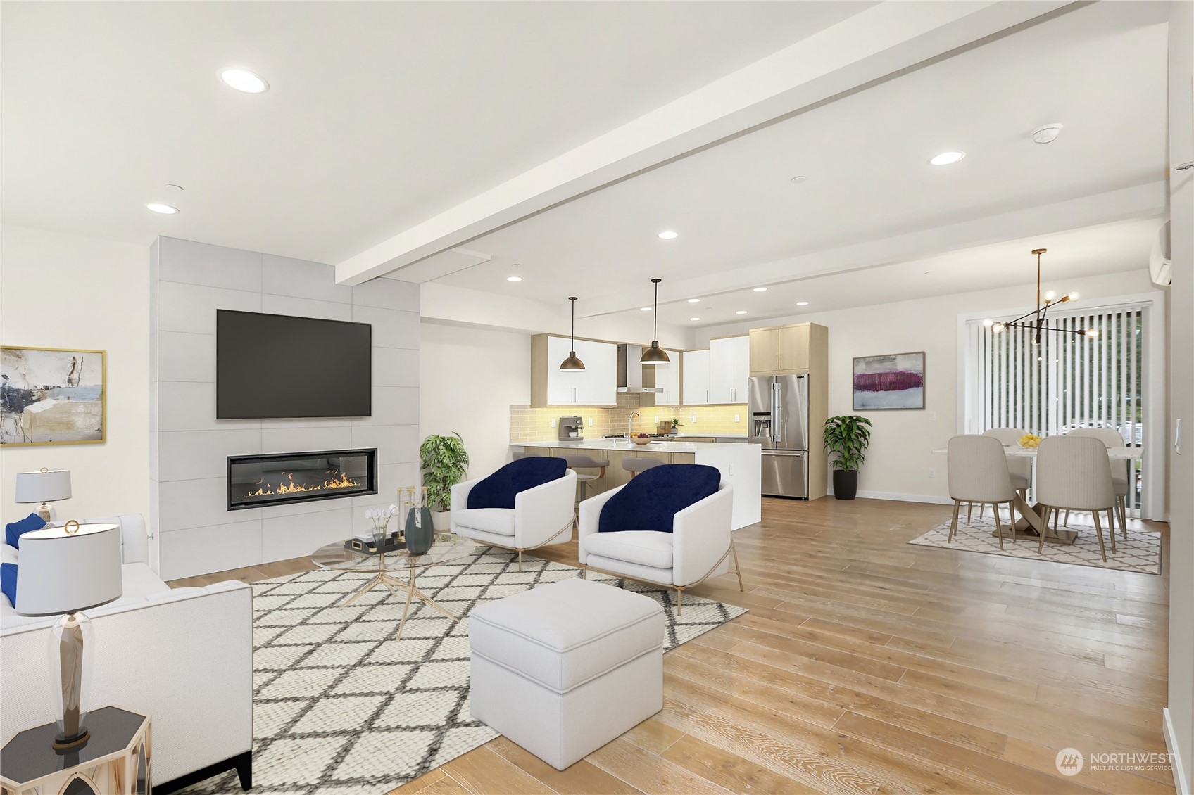 14493 Cedar Grove Road Southeast, Unit D102 Issaquah, WA 98027 - Photo 4 of 23 a living room with furniture a flat screen tv and kitchen view