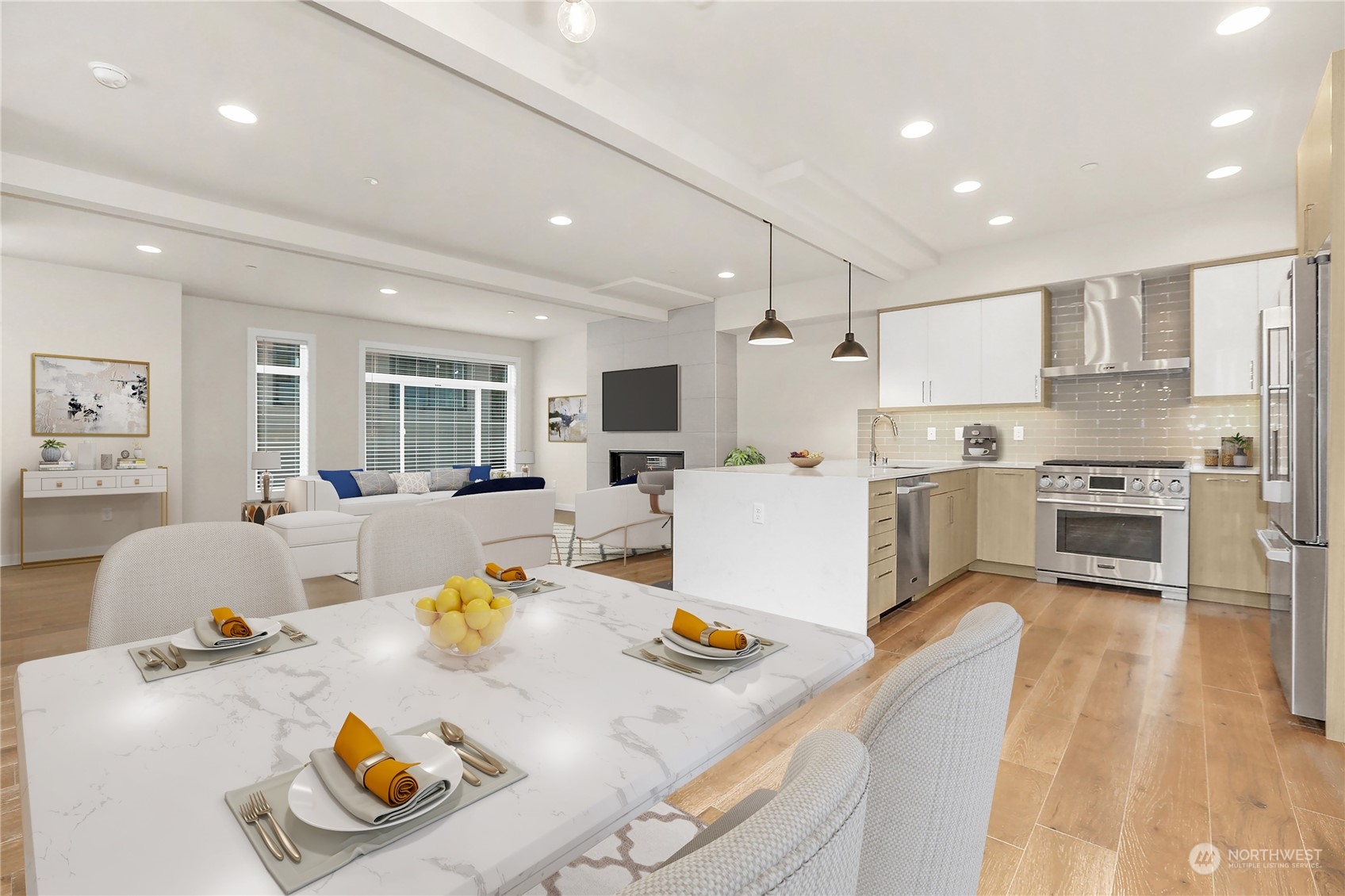 14493 Cedar Grove Road Southeast, Unit D102 Issaquah, WA 98027 - Photo 9 of 23 a living room with furniture and a kitchen view with wooden floor