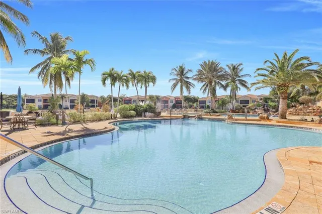a view of a swimming pool with a lawn chairs under palm trees