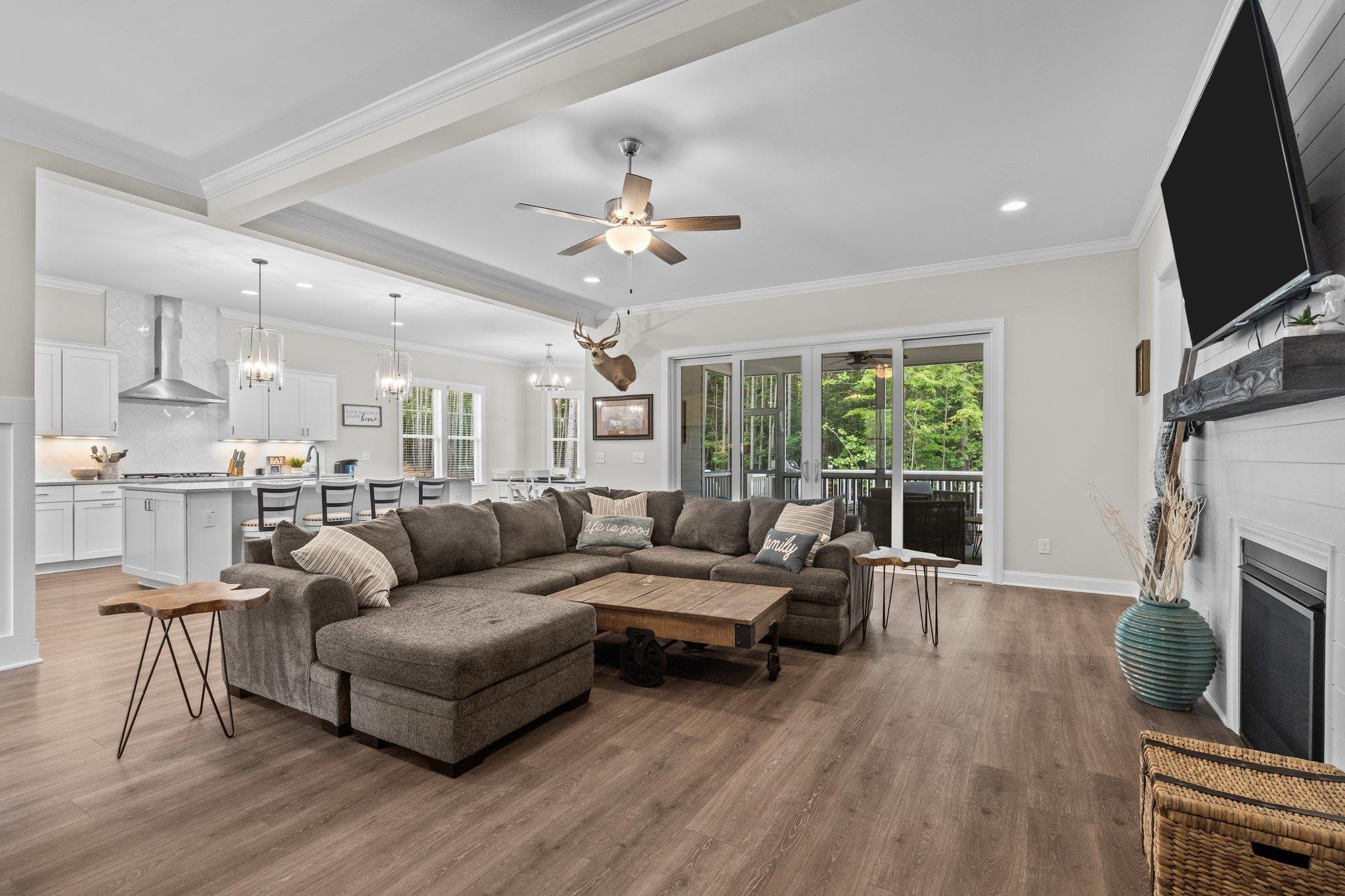 116 Brandy Mill Pittsboro, NC 27312 - Photo 11 of 47 a living room with furniture a fireplace a flat screen tv and a large window