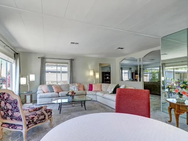 a living room with furniture and a potted plant