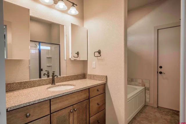 a bathroom with a tub sink and mirror