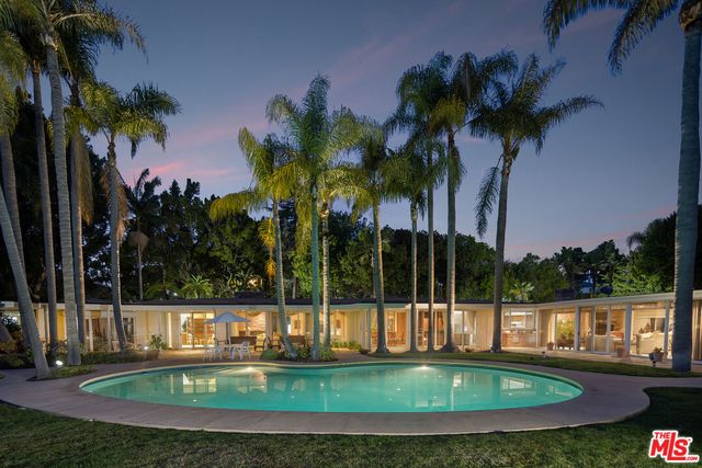 a view of a swimming pool with a garden