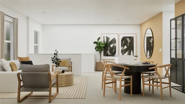 a living room with furniture a table and potted plants