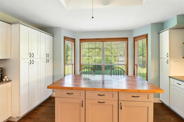 a kitchen with a window and cabinets