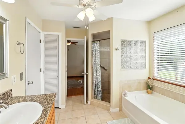 a bathroom with a tub sink shower and a mirror