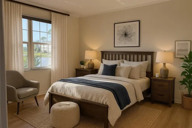 a bedroom with a bed and chair