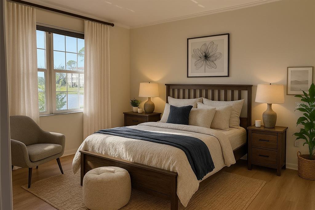 8370 Wingate Drive, Unit 718 Sarasota, FL 34238 - Photo 11 of 49 a bedroom with a bed and chair