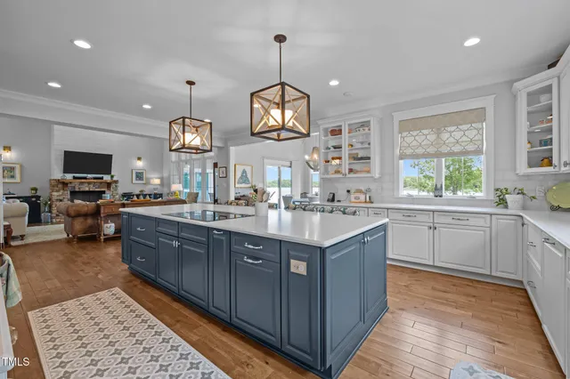 a view of a dining room with furniture a chandelier and wooden floor
