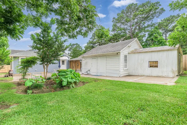a view of a yard in front of a house with plants and large tree
