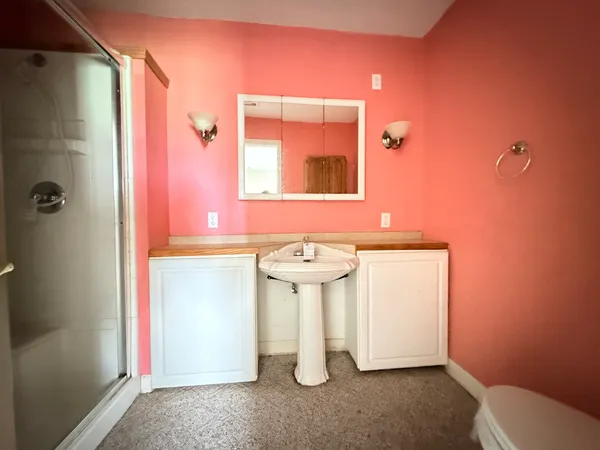 a bathroom with a sink a toilet and shower