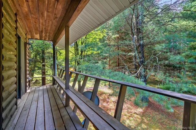 a view of a balcony with wooden floor