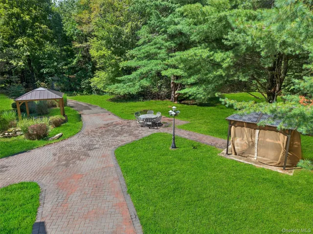 a view of a garden with a slide