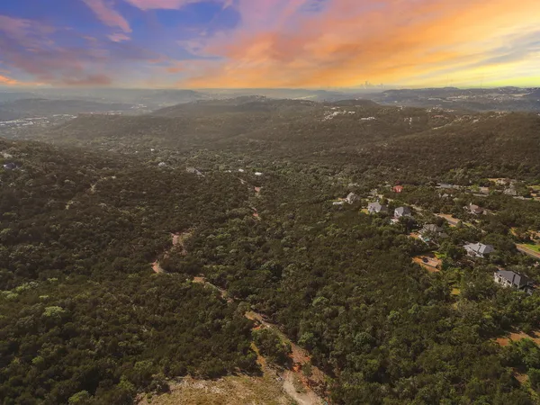 a view of a city with lush green forest