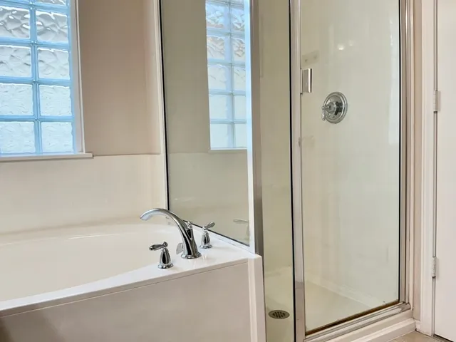 a bathroom with a bathtub