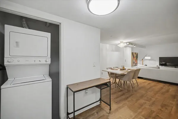 a view of a dining room with furniture