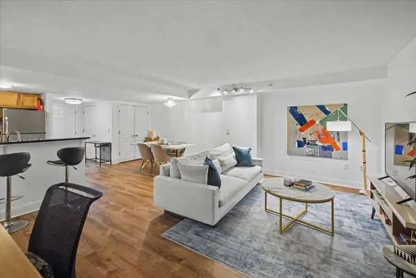a living room with furniture and a rug
