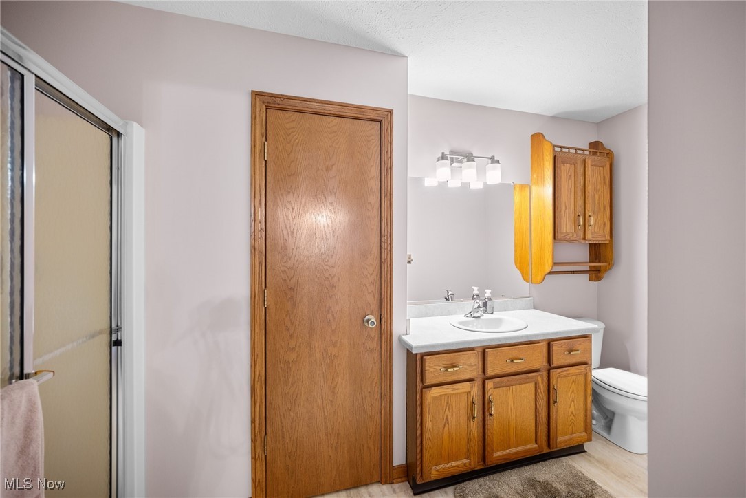 3190 Hamilton Road Medina, OH 44256 - Photo 9 of 37 Bathroom featuring vanity, a shower with shower door, toilet, and wood-type flooring