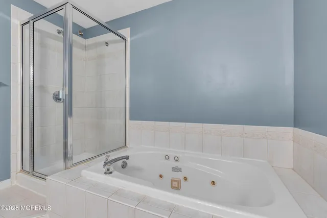 a bathroom with a bathtub and a shower