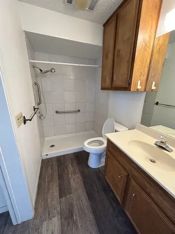 a bathroom with a sink a toilet and shower