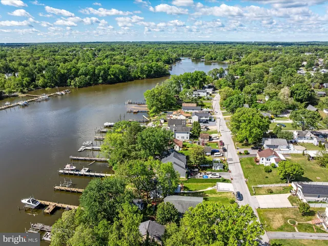 an aerial view of residential houses with outdoor space and trees