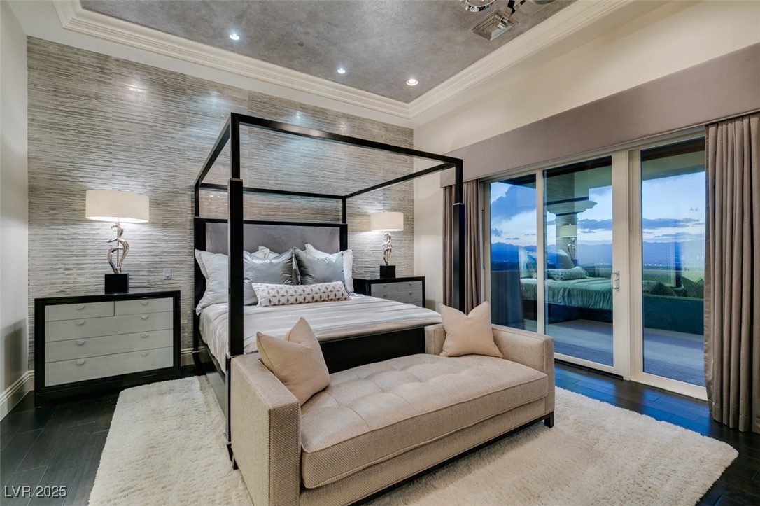 4 Awbrey Court Henderson, NV 89052 - Photo 31 of 72 Bedroom with dark wood-style flooring, crown molding, access to outside, and recessed lighting