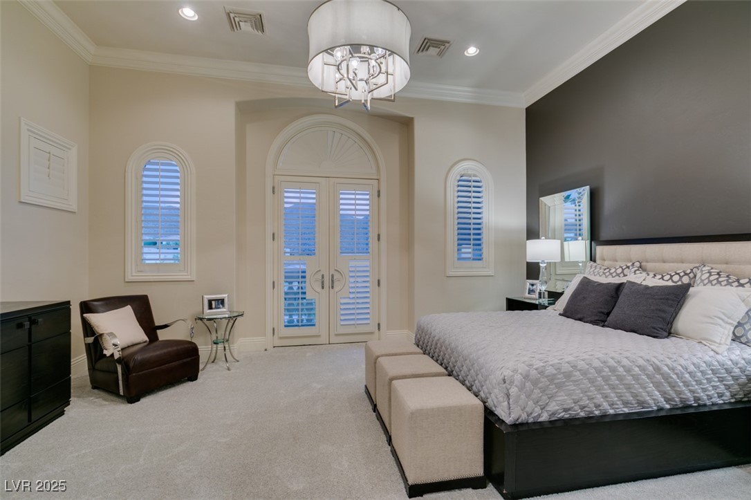 4 Awbrey Court Henderson, NV 89052 - Photo 43 of 72 Carpeted bedroom with access to exterior, ornamental molding, a chandelier, french doors, and recessed lighting