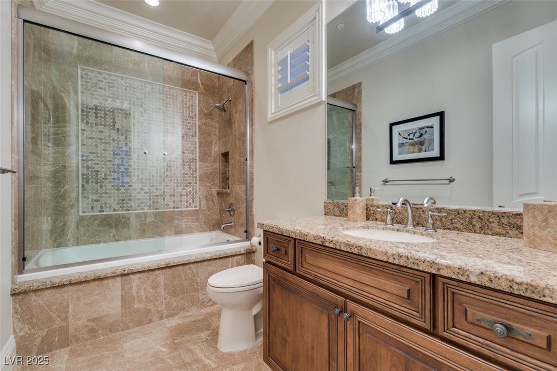 4 Awbrey Court Henderson, NV 89052 - Photo 44 of 72 Full bath featuring tiled shower / bath, crown molding, vanity, and recessed lighting