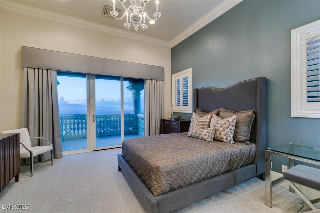 4 Awbrey Court Henderson, NV 89052 - Photo 45 of 72 Carpeted bedroom featuring crown molding, access to outside, and a chandelier