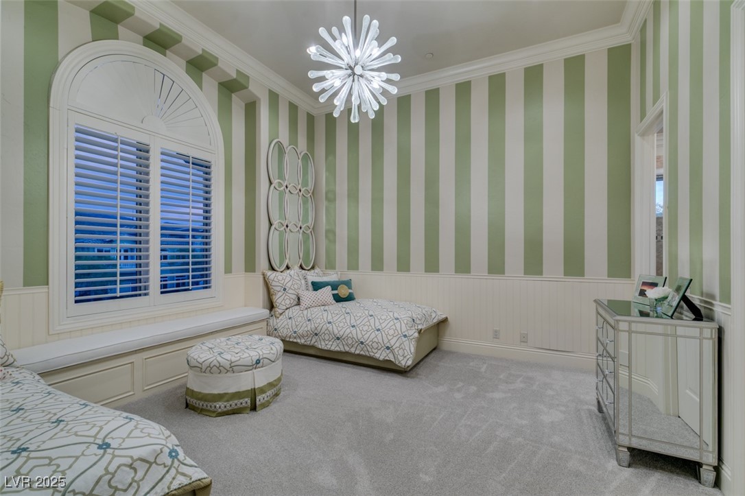4 Awbrey Court Henderson, NV 89052 - Photo 50 of 72 Carpeted bedroom with crown molding, wallpapered walls, wainscoting, and a chandelier