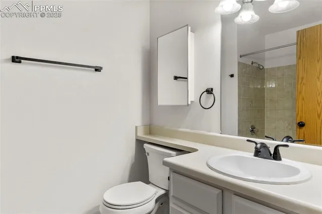 a bathroom with a sink toilet vanity and shower