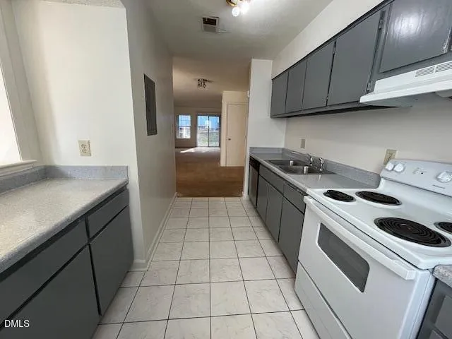 a kitchen with a sink a stove and cabinets