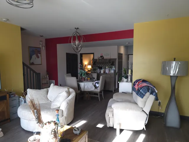a living room with furniture flowerpot and a mirror
