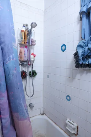 a bathroom with a bathtub and shower