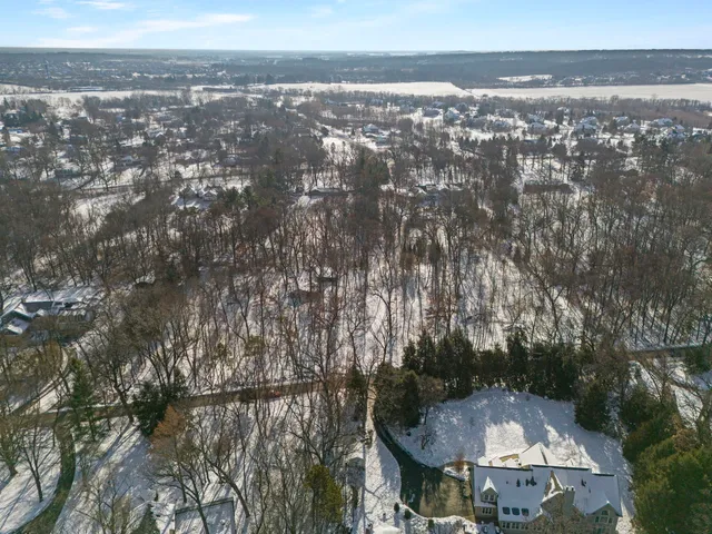 an aerial view of residential houses with outdoor space and trees