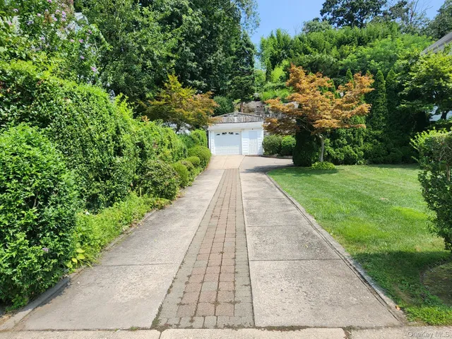 a view of a backyard with potted plants and a large tree