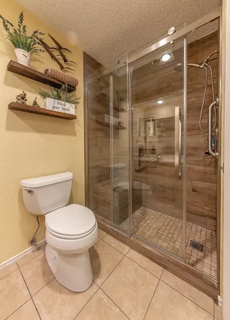 a bathroom with a shower and a toilet