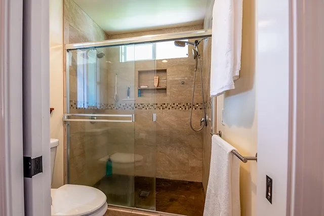 a bathroom with a shower and toilet