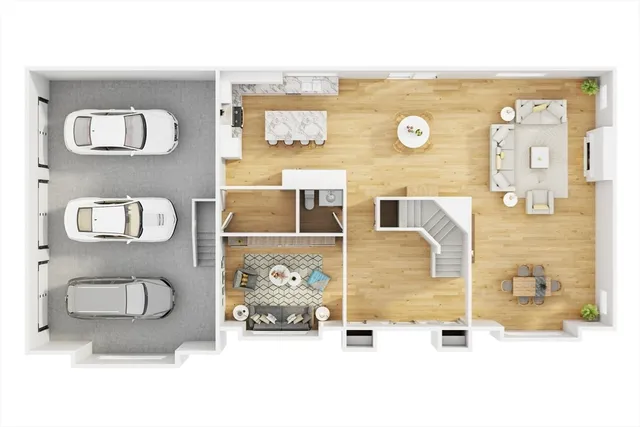 a living room with furniture and a potted plant