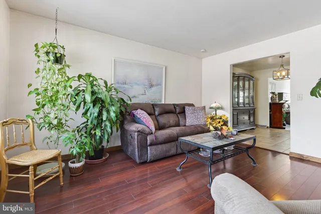 a living room with furniture potted plant and a wooden floor