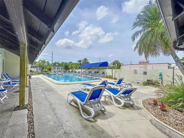 an outdoor space with furniture