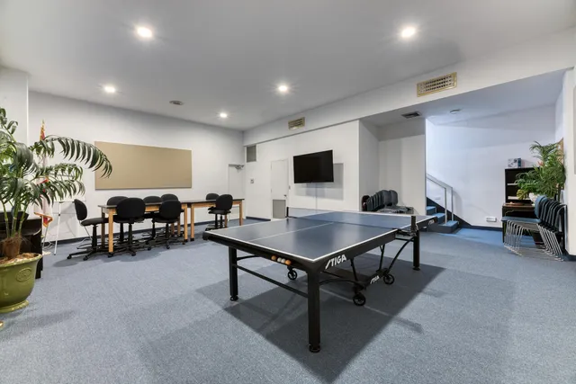 a living room with furniture pool table and a potted plant