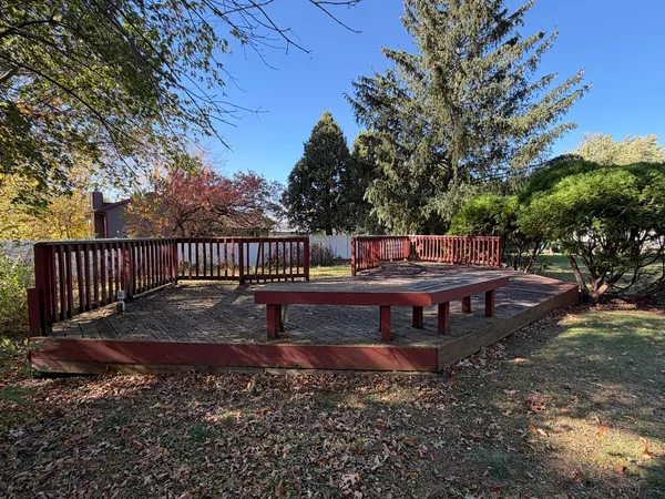 a view of a bench in a backyard