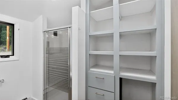 a view of walk in closet with empty racks
