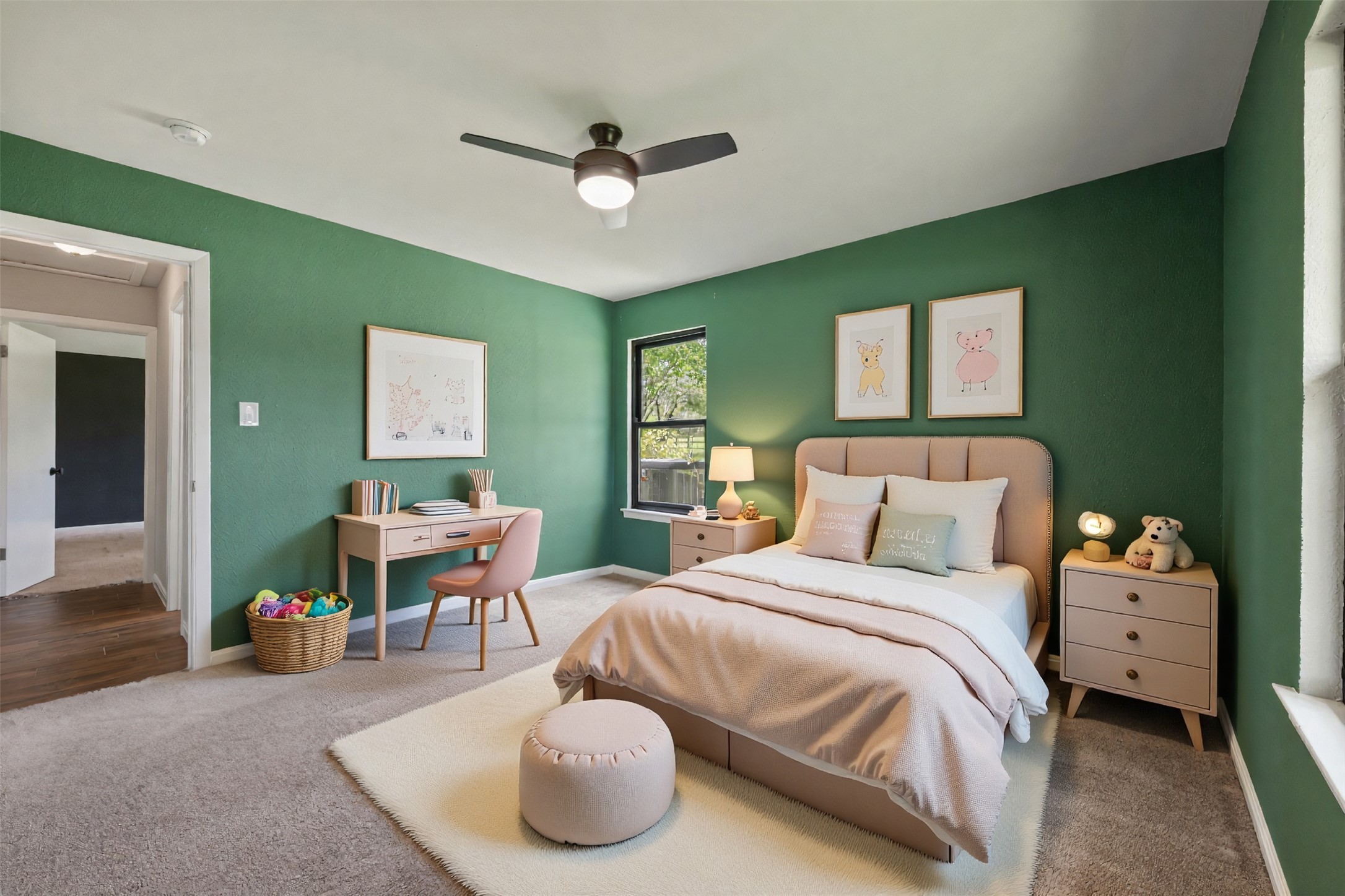 1600 Pin Oak Lane Round Rock, TX 78681 - Photo 29 of 40 Room featuring green painted walls, light gray carpeting, and a ceiling fan with integrated lighting